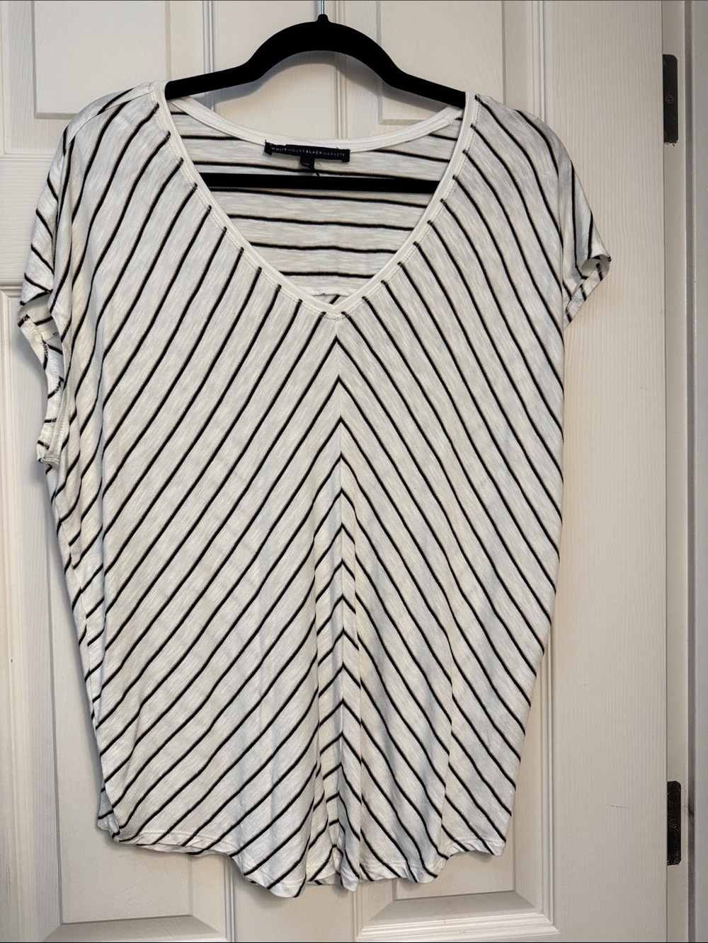 White House Black Market White V-Neck Short Sleeve Top with Black Stripes